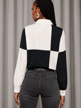 Vintage 90s Ivory & Black Colorblock Button Up Blouse | LARGE